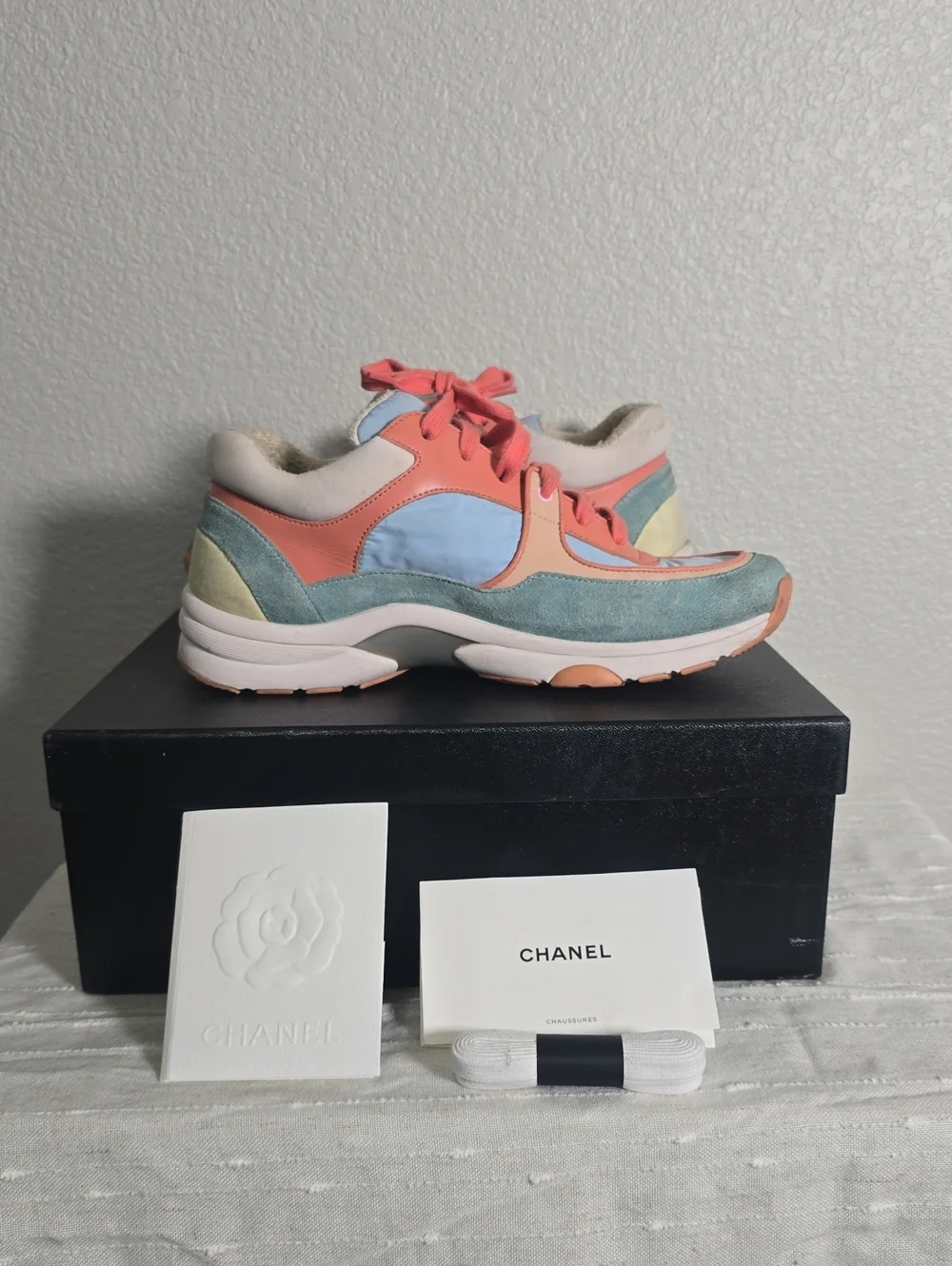 CHANEL Multicolor Leather & Suede Sneaker with Coral and Blue Accents